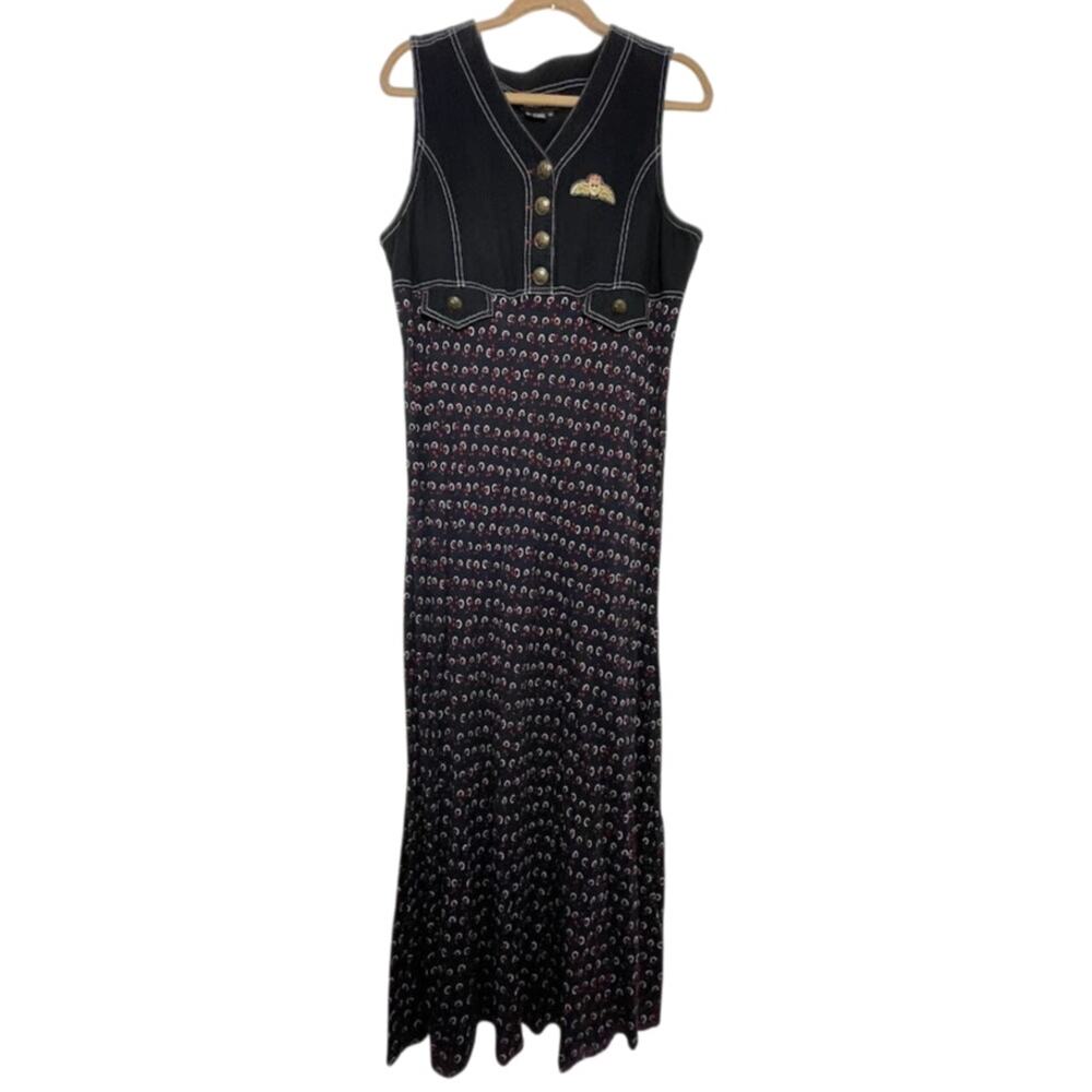 Vintage‎ 90's Black Denim Midi Dress Moon Star Print Biker Vamp Whimsygoth Sz 12